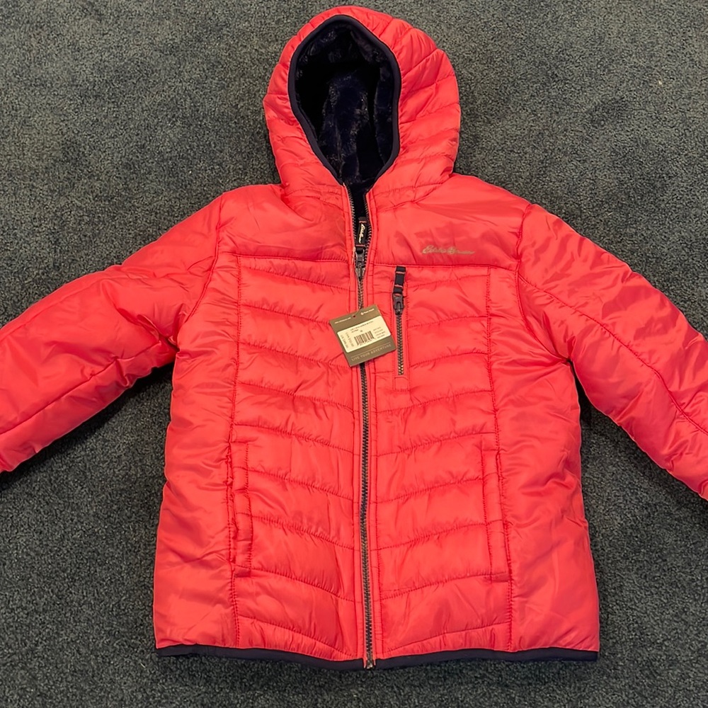 NWT Eddie Bauer girls size M Deer Harbor reversible coat in hot pink & navy